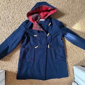 1960-70s GIRLS VTG Rainbow Dark Blue Pea Coat with Red Checkered Lining
